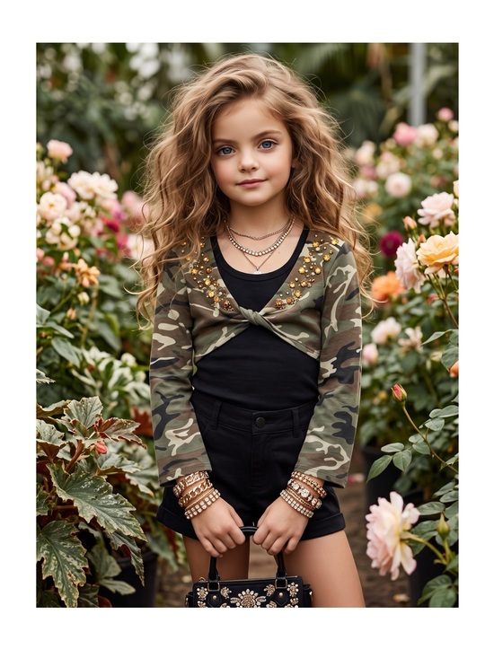 Flowers by Zoe Other - Flowers by Zoe ꕥ Camo Print Crystal Shrug Jacket Top ꕥ Army Green Camo ꕥ 5 5T